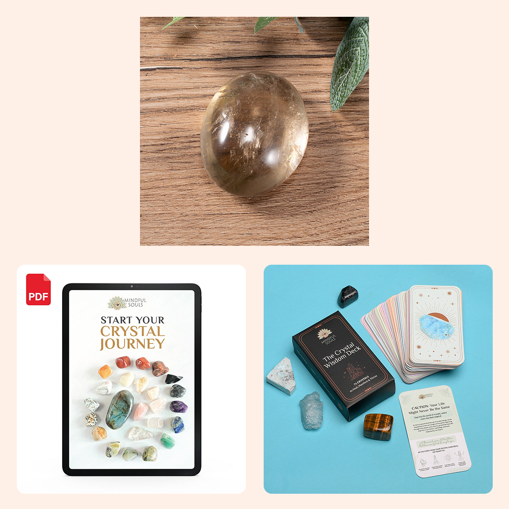 Bundle - Smoky Quartz Palm Stone - The Crystal Wisdom Card Deck - Mindful Crystal Guide eBook