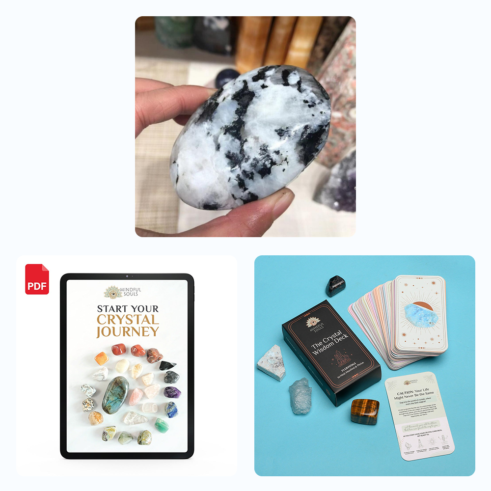 Bundle - White Moonstone Palm Stone - The Crystal Wisdom Card Deck - Mindful Crystal Guide eBook