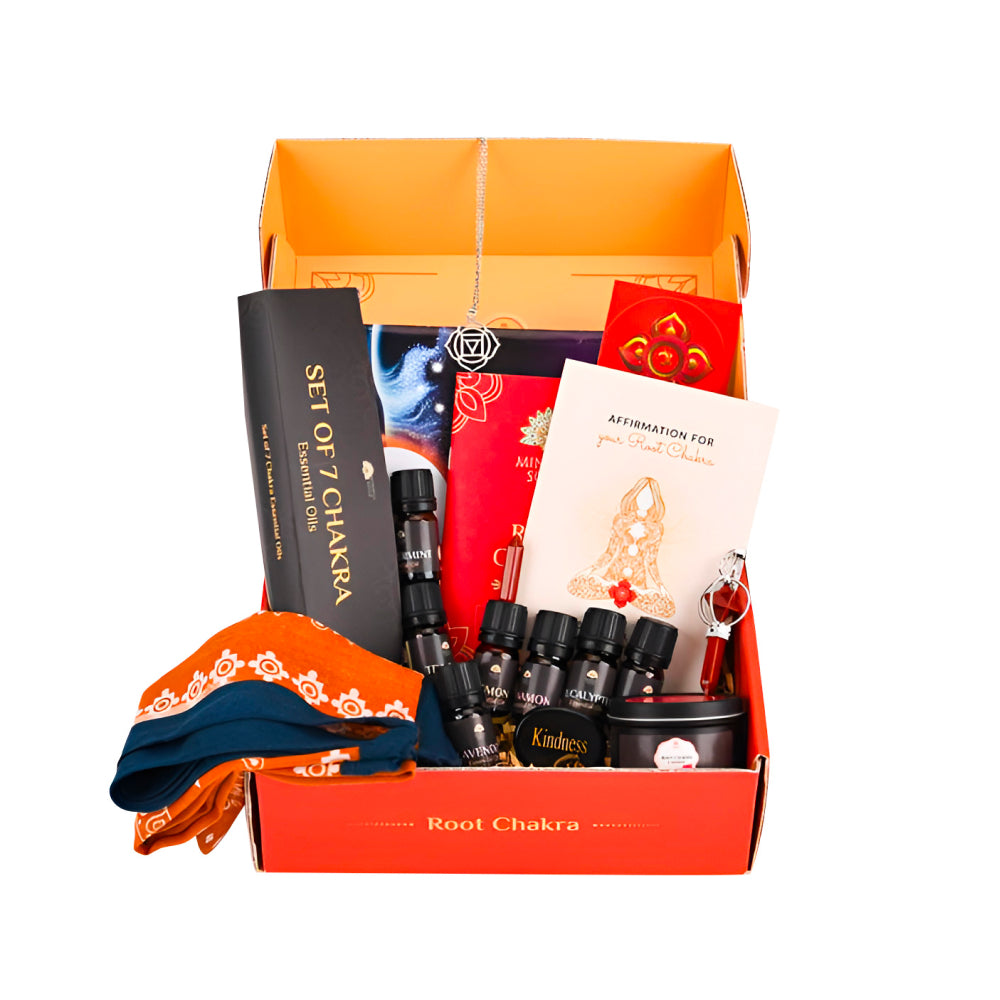 Gift set with various items including a book and small bottles, branded 'Set of 7 Chakra'.