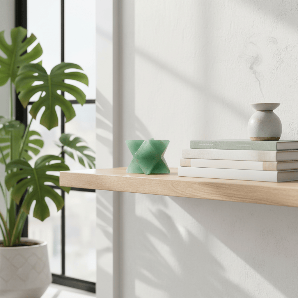 Gemstone Merkaba Crystals for Energy Alignment & Spiritual Healing - a lifestyle product shot of the crystal in a modern home interior setting for you: