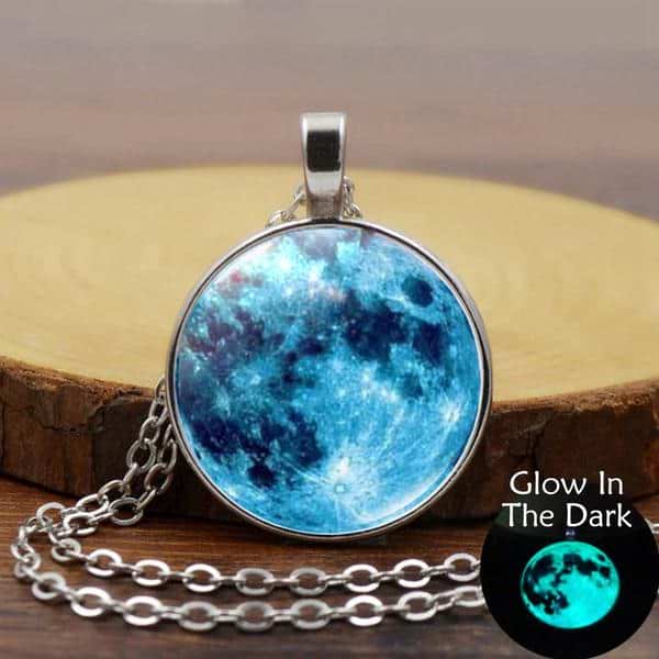 Blue Moon Crescent Clouds Pendant Round Silver Tone 20
