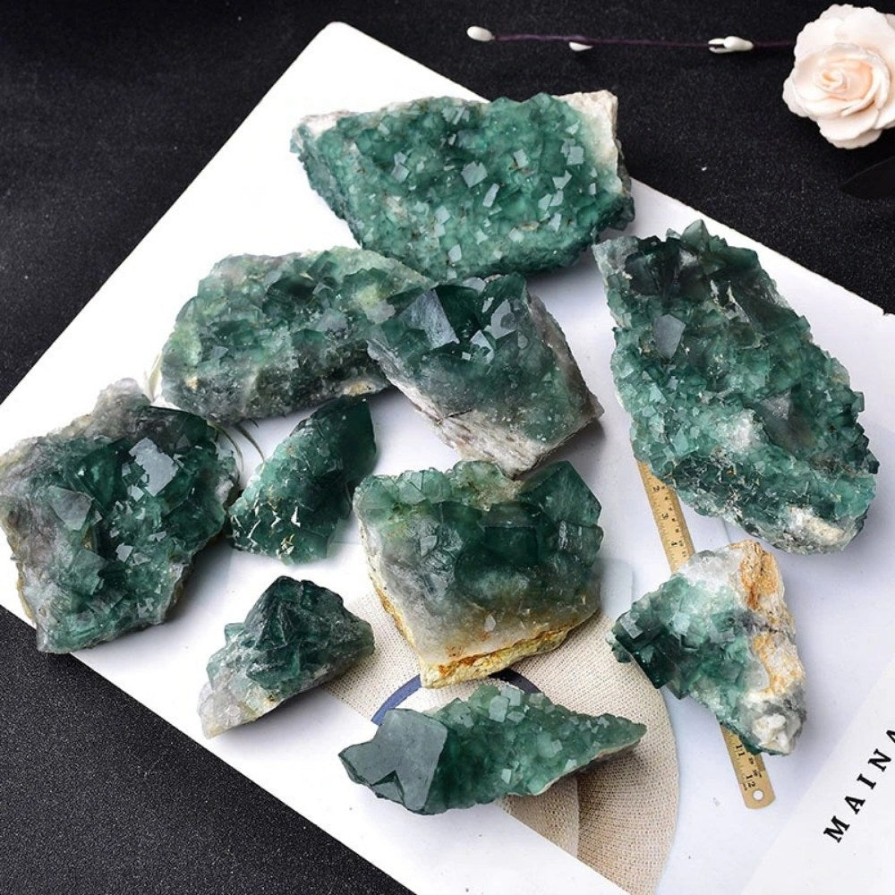 Green Fluorite Quartz Crystal Cluster