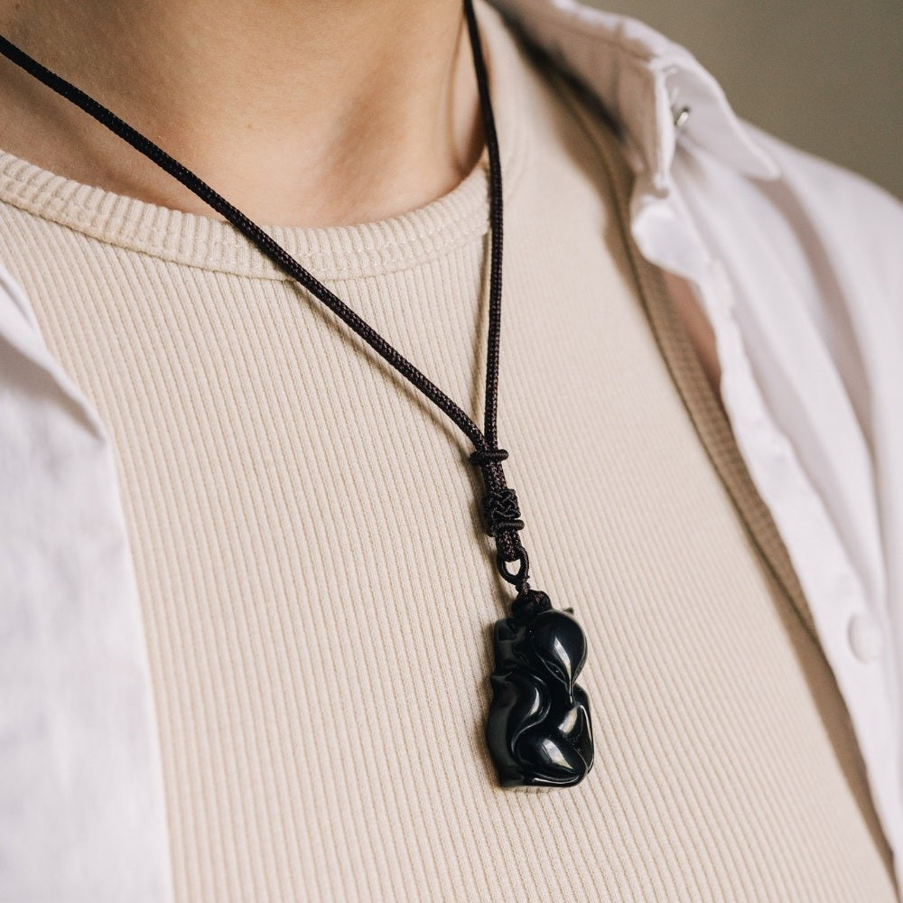 Obsidian Dragon Fox Protection Necklace