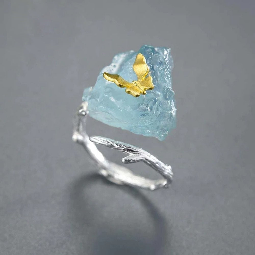 Golden Butterfly Aquamarine Stone Ring