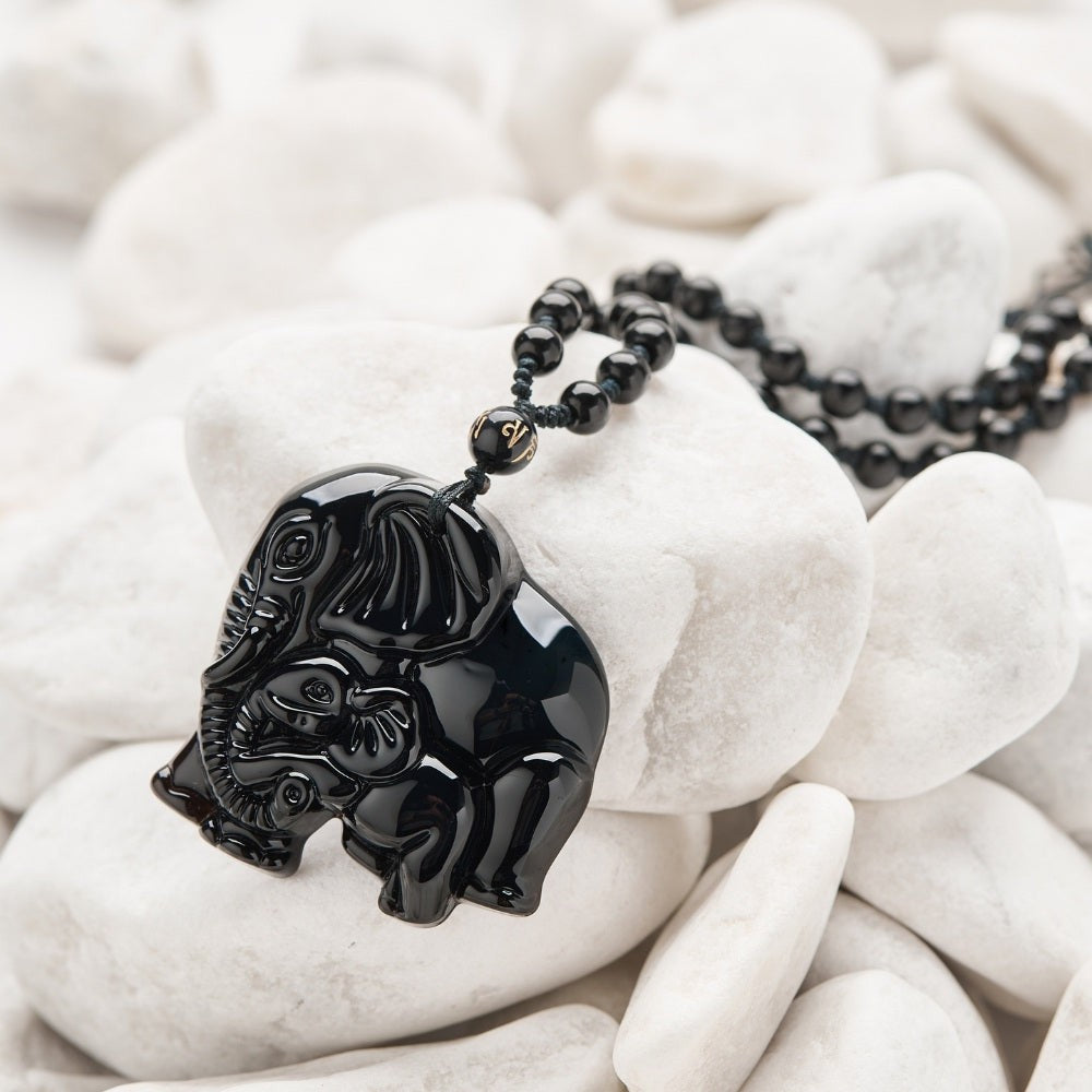 Elephant Charm Black Obsidian Crystal Necklace