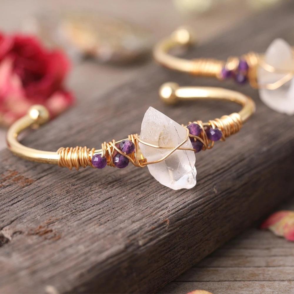 White Quartz Wire Wrap Golden Copper Bracelet