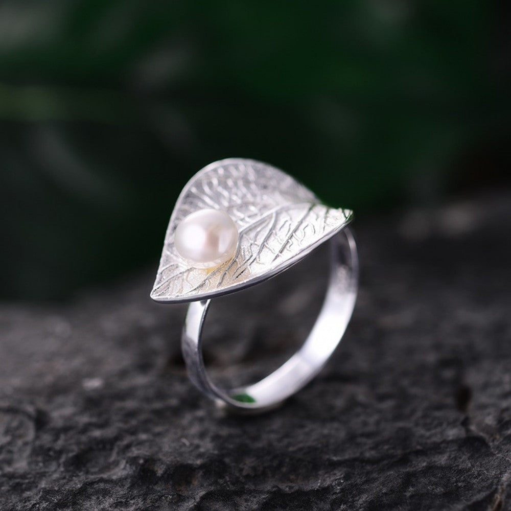 Sterling Silver Leaf Pearl Ring