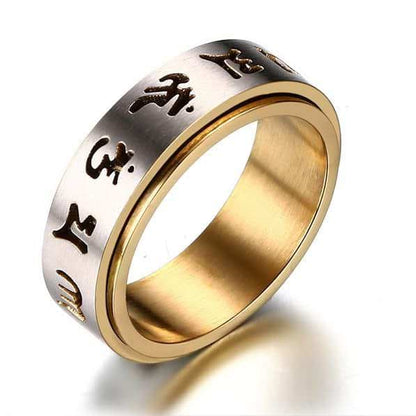 JUNTEN Om Mani Padme Hum Engraved Stainless Steel Ring - 12mm Wide Buddhist Mantra Wedding Band