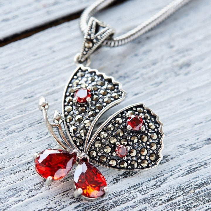 Red Garnet Silver Butterfly Necklace