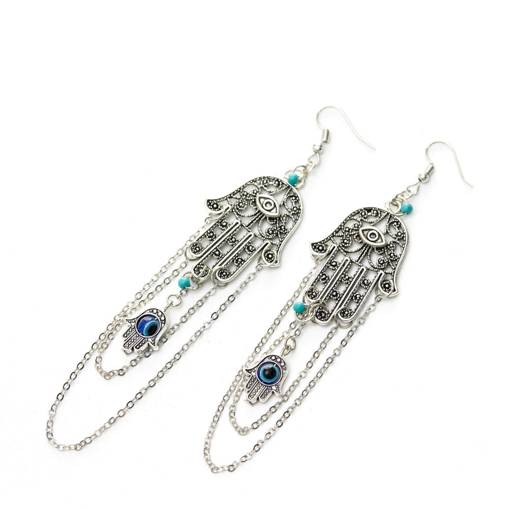 Silver Hamsa Evil Eye Earrings