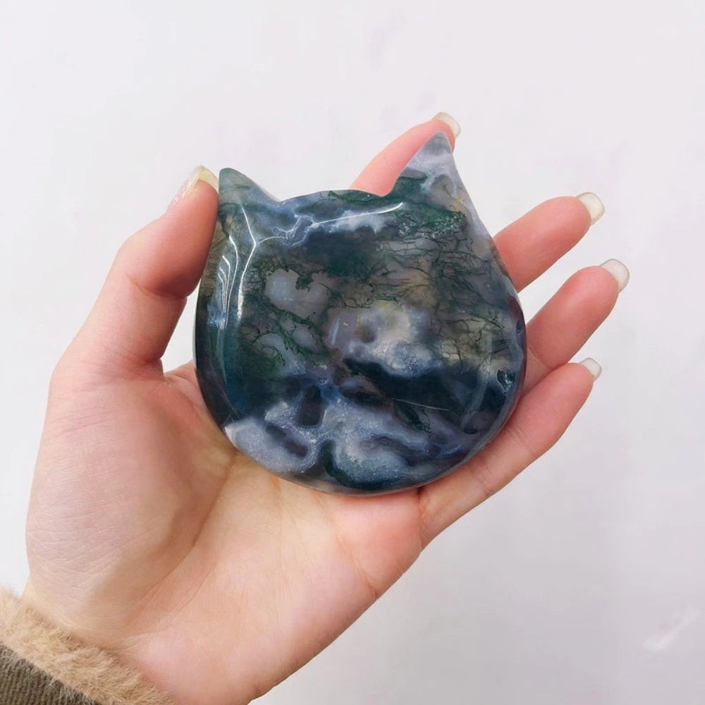 Natural Moss Agate Cat Shape Crystal Bowl