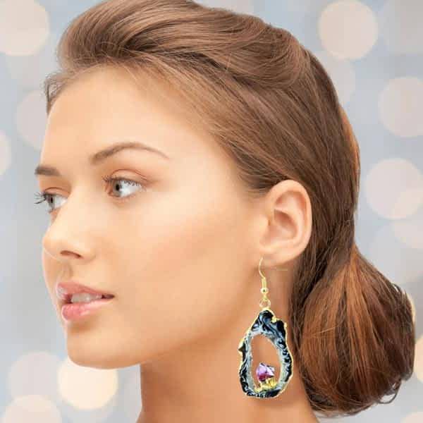 Dangle Amethyst Crystal Gold Earrings