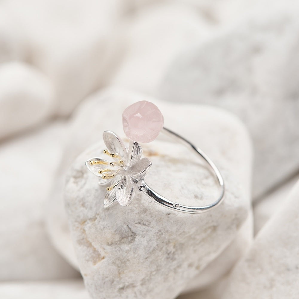 Rose Quartz Lotus Handmade Crystal Ring