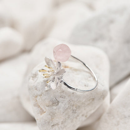 Rose Quartz Lotus Handmade Crystal Ring
