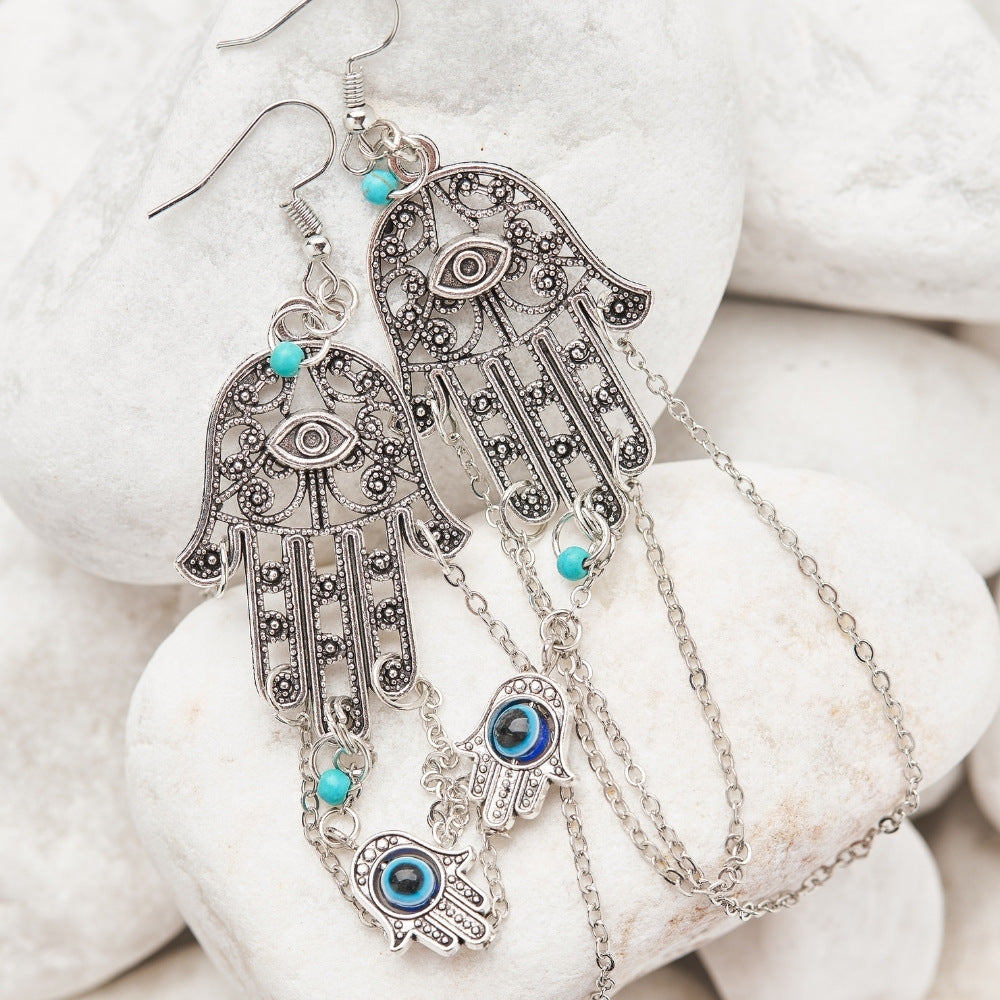 Silver Hamsa Evil Eye Earrings