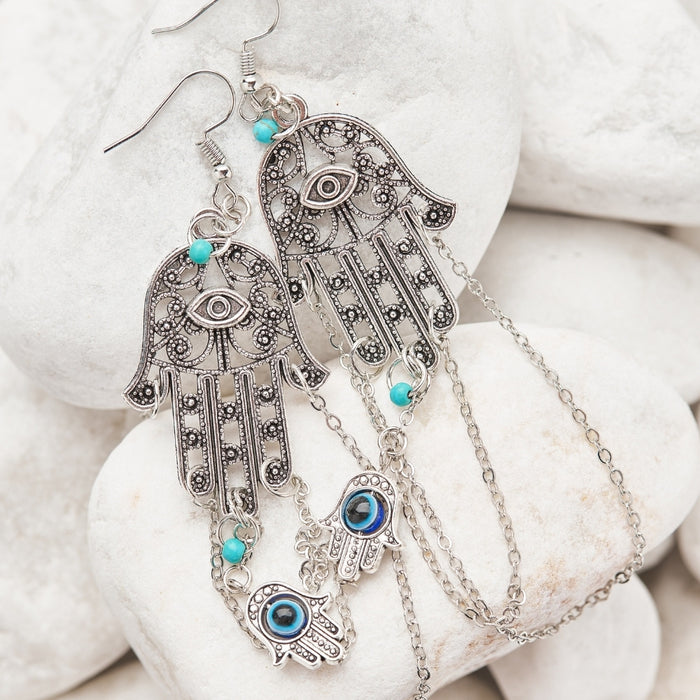 Silver Hamsa Evil Eye Earrings