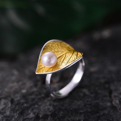 Sterling Silver Leaf Pearl Ring