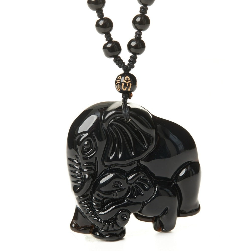 Elephant Charm Black Obsidian Crystal Necklace