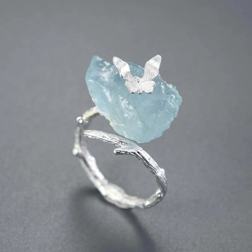 Silver Butterfly Aquamarine Stone Ring