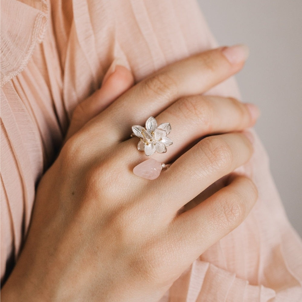 Rose Quartz Lotus Handmade Crystal Ring