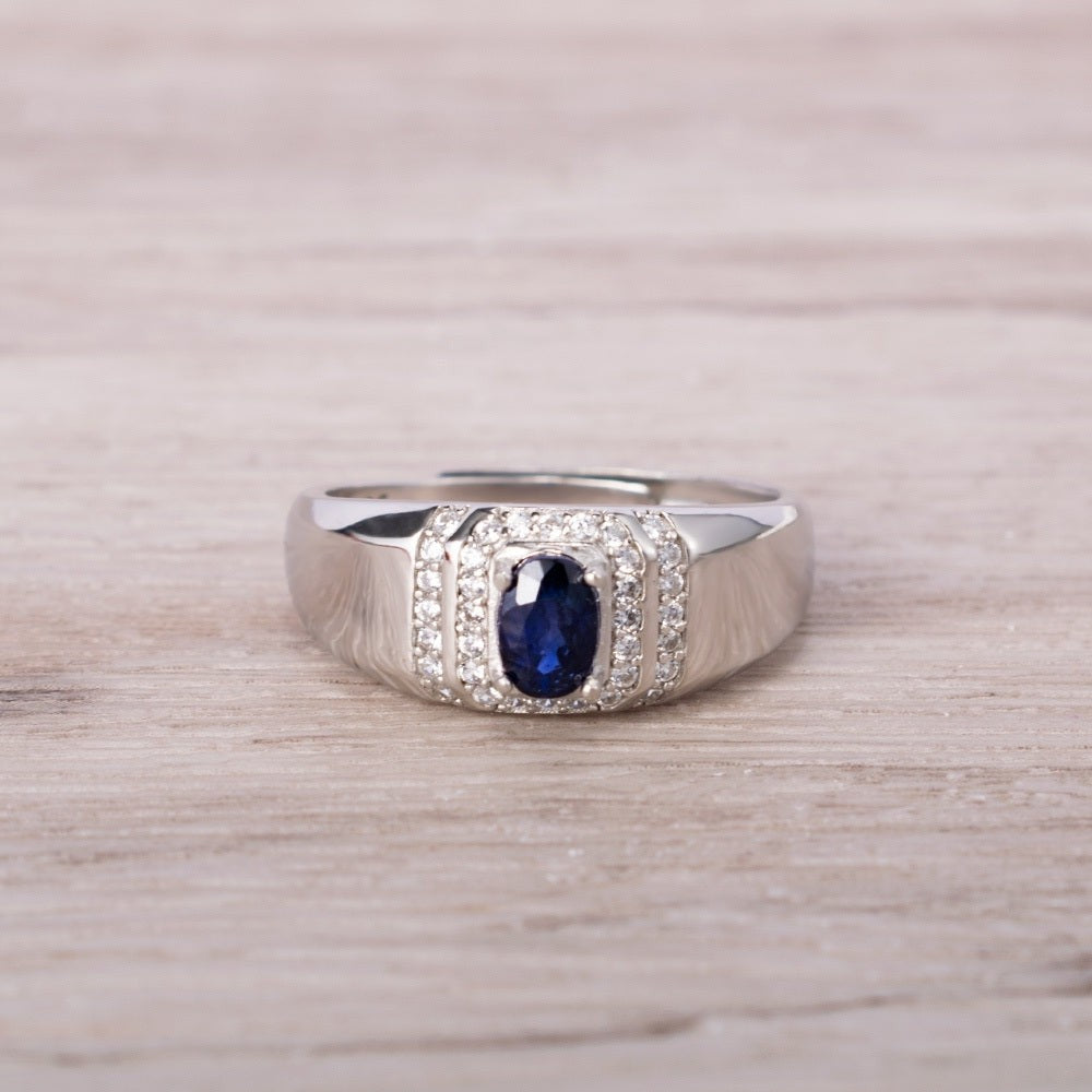Bezel-Set Natural Blue Sapphire Ring With Diamond Halo In White Gold - Cara  Jewellers
