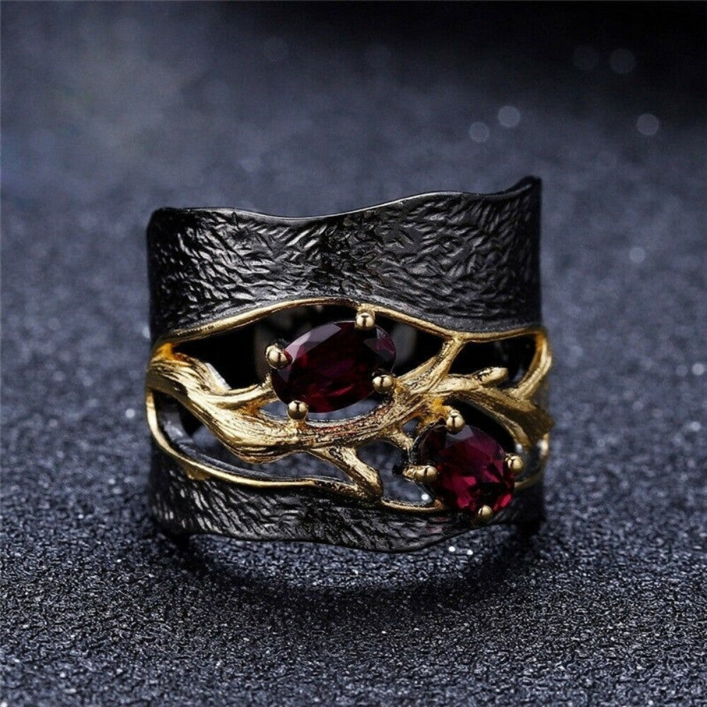 Vintage Dark Red Garnet Engagement Ring Pear Cut Three Stone Diamond Rose  Gold Wedding Ring Anniversary