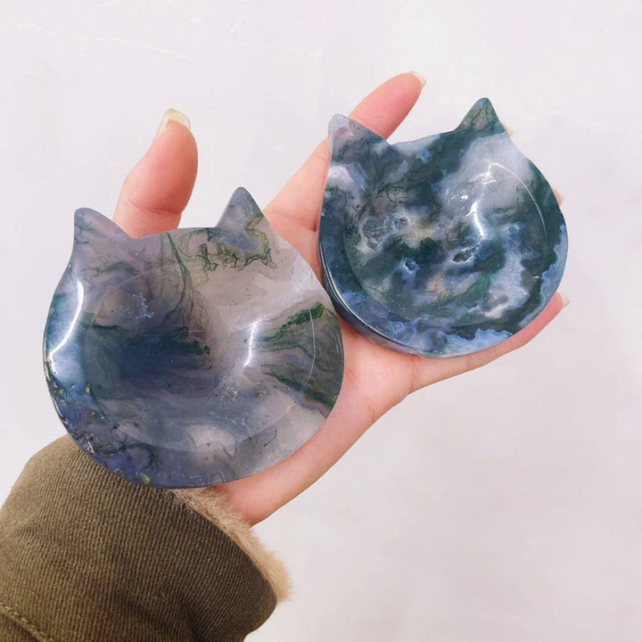 Natural Moss Agate Cat Shape Crystal Bowl