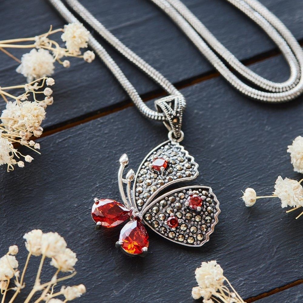 Red Garnet Silver Butterfly Necklace