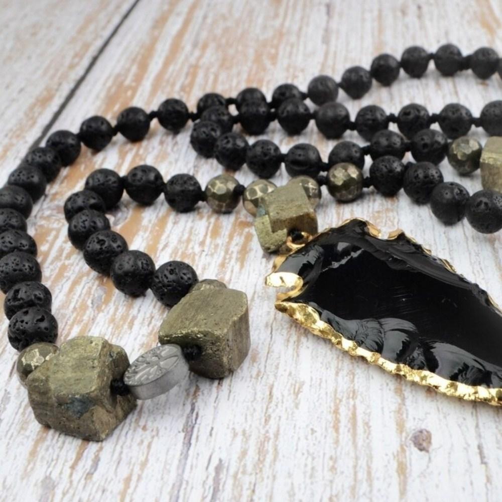 Black Obsidian Pyrite Bead Arrowhead Crystal Necklace