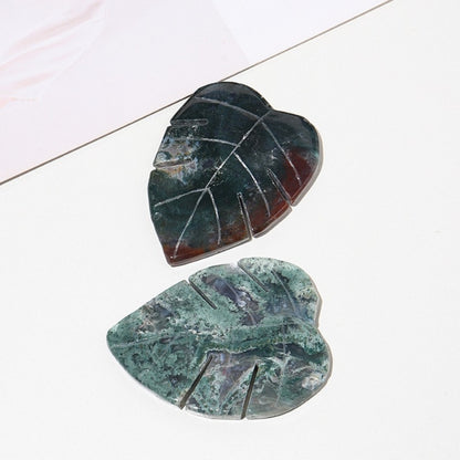 Green Moss Agate Crystal Leaf Carving