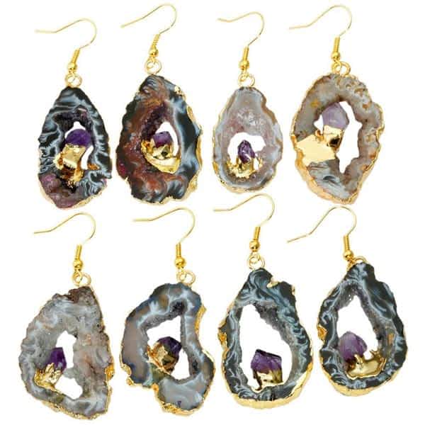 Dangle Amethyst Crystal Gold Earrings