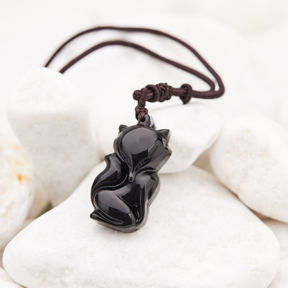 Obsidian Dragon Fox Protection Necklace