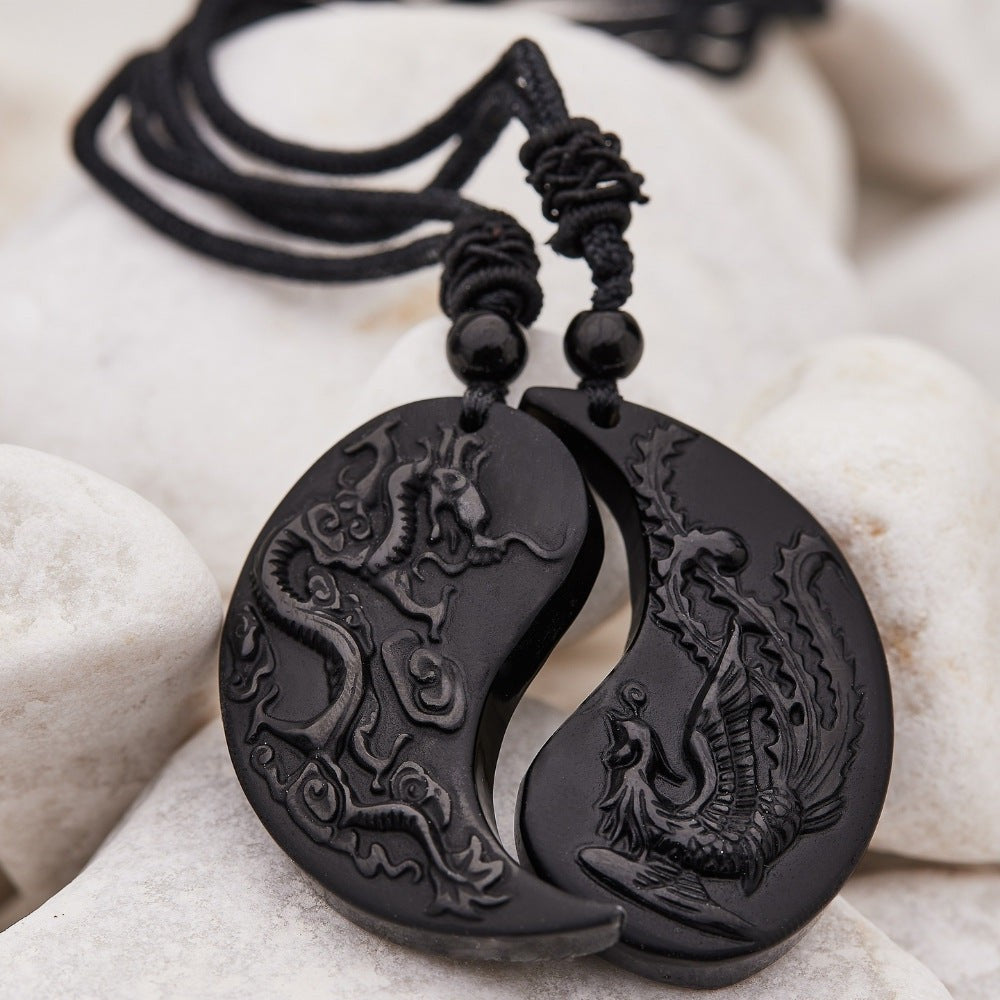 Obsidian Ying Yang Couple Matching Necklaces