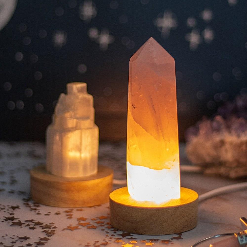 Selenite and Rose Quartz Crystal Table Lamp