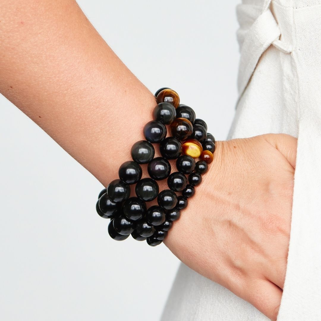 Black Onyx Beaded Bracelet for Men with Tiger Eye