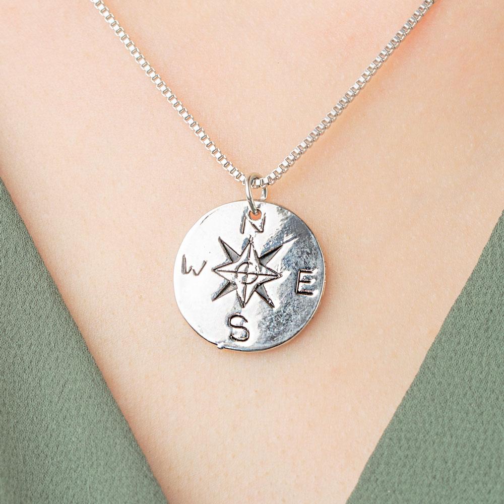 Engraved Compass Necklace With Semi-Precious Stone in Sterling Silver - MYKA