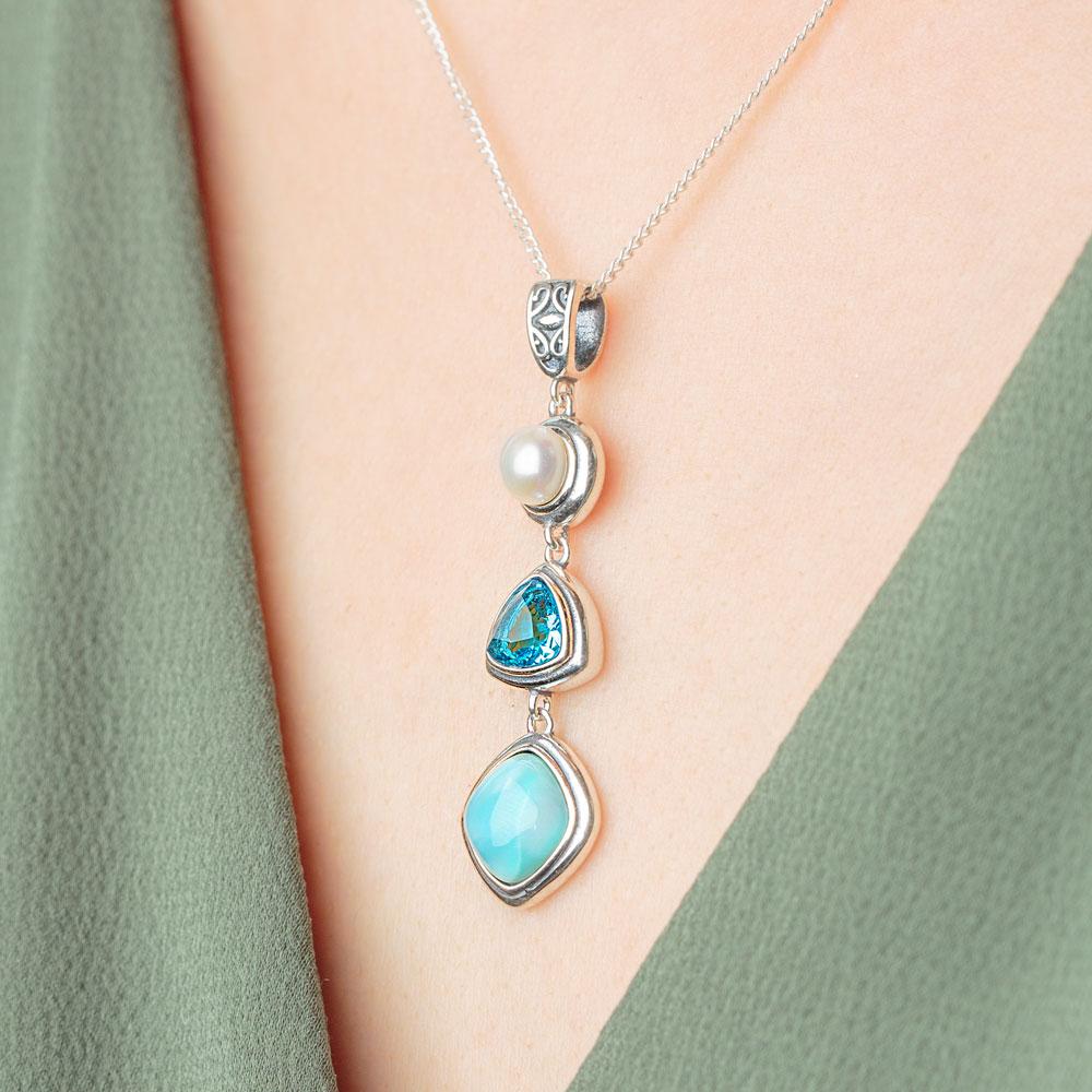 Stunning 925 Sterling Silver Larimar on sale Blue Topaz Necklace