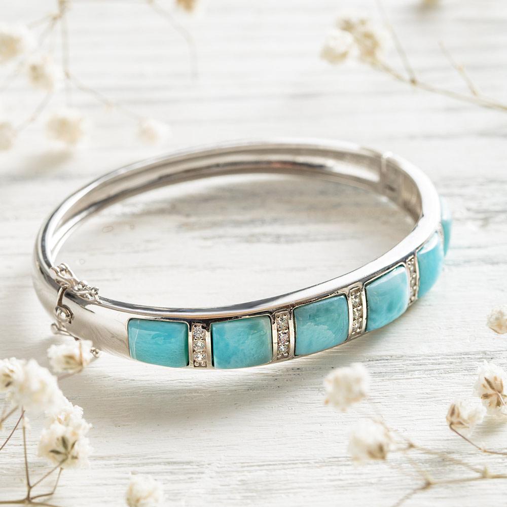 Cuff Bracelet, Bridesmaid's Gift, Larimar Crystal fashion Bracelet, Statement Jewelry for Women, Handmade Larimar Bracelet, Raw Larimar, Round Stone