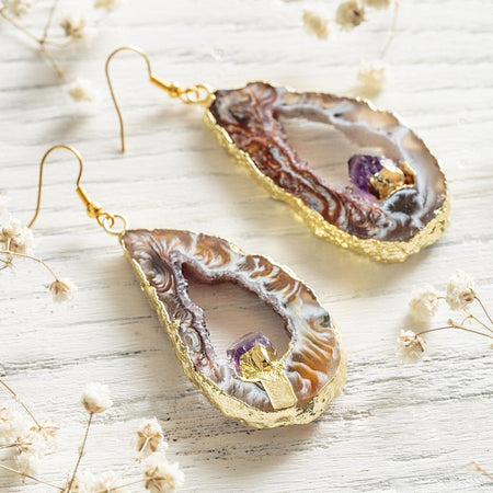 Dangle Amethyst Crystal Gold Earrings